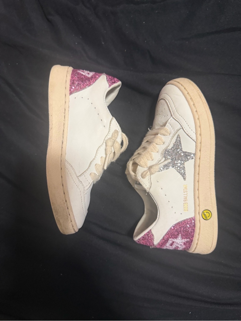 Golden Goose Kids White Sneakers with Pink Glitter Heel and Silver Glitter Star